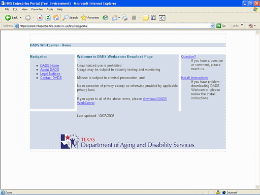 Screenshot of DADS Workcenter home page